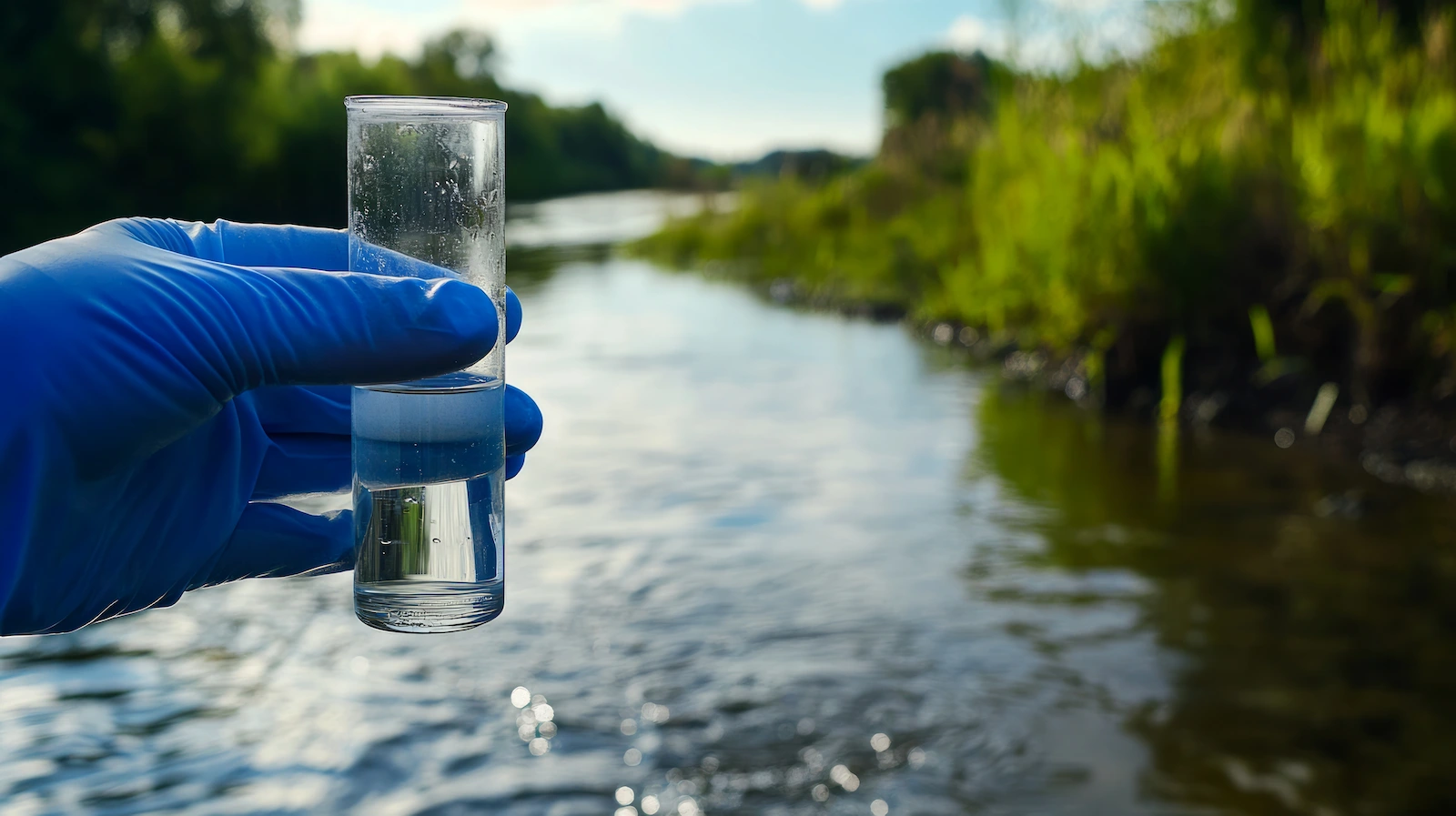 A hand in a blue glove holds a water sample in the air over a river with a green riverbed
